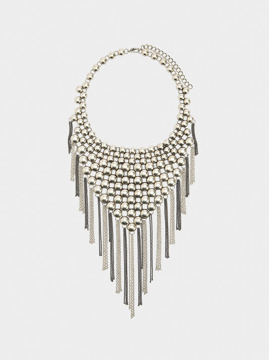 Short Bib Necklace With Metallic Fringes