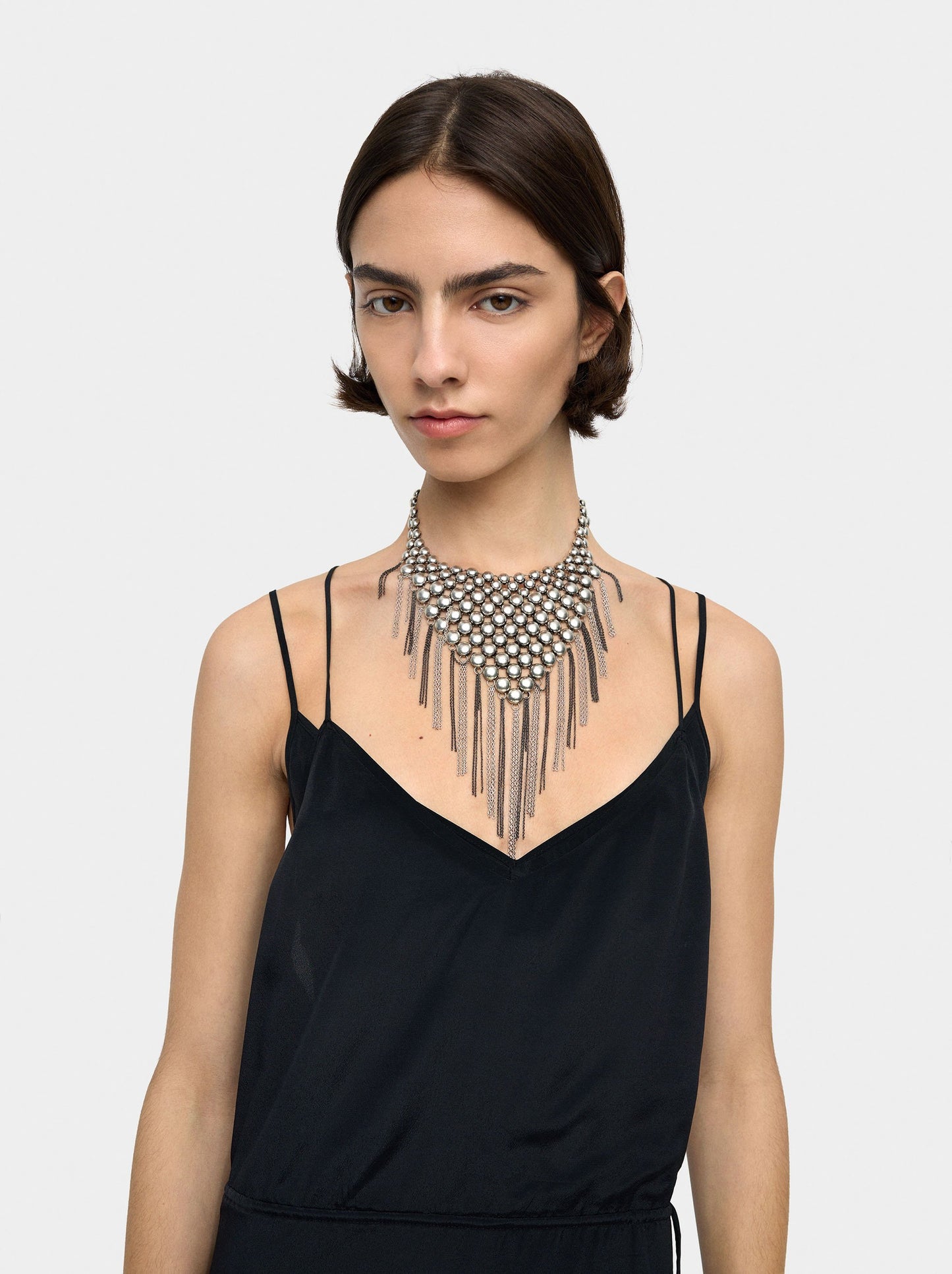 Short Bib Necklace With Metallic Fringes