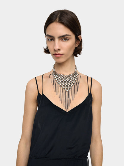 Short Bib Necklace With Metallic Fringes