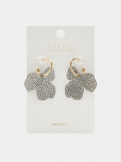 Open Hoop Earrings With Flower And Crystals Pendant