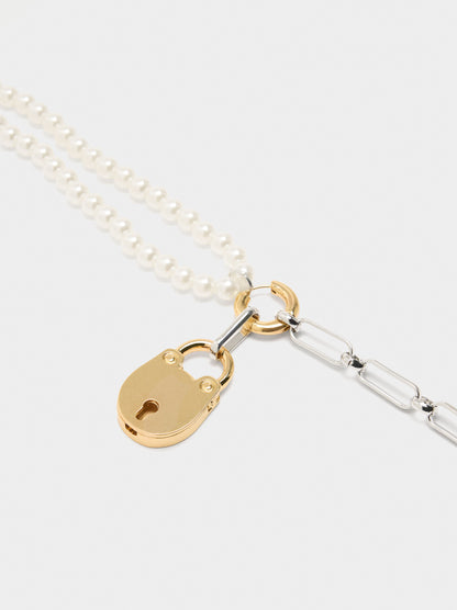 Necklace Of Links With Pearl Pendant And Padlock