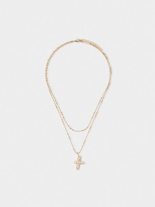 Double Necklace With Freshwater Pearl Cross