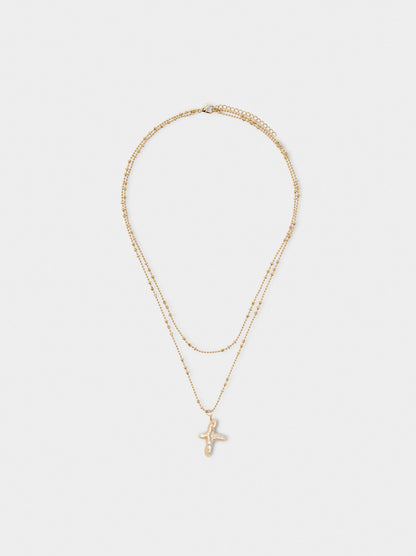 Double Necklace With Freshwater Pearl Cross