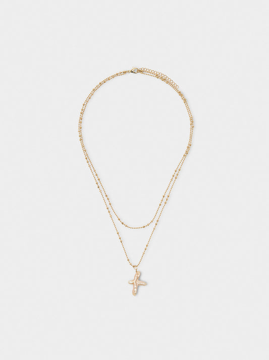 Double Necklace With Freshwater Pearl Cross