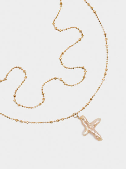 Double Necklace With Freshwater Pearl Cross