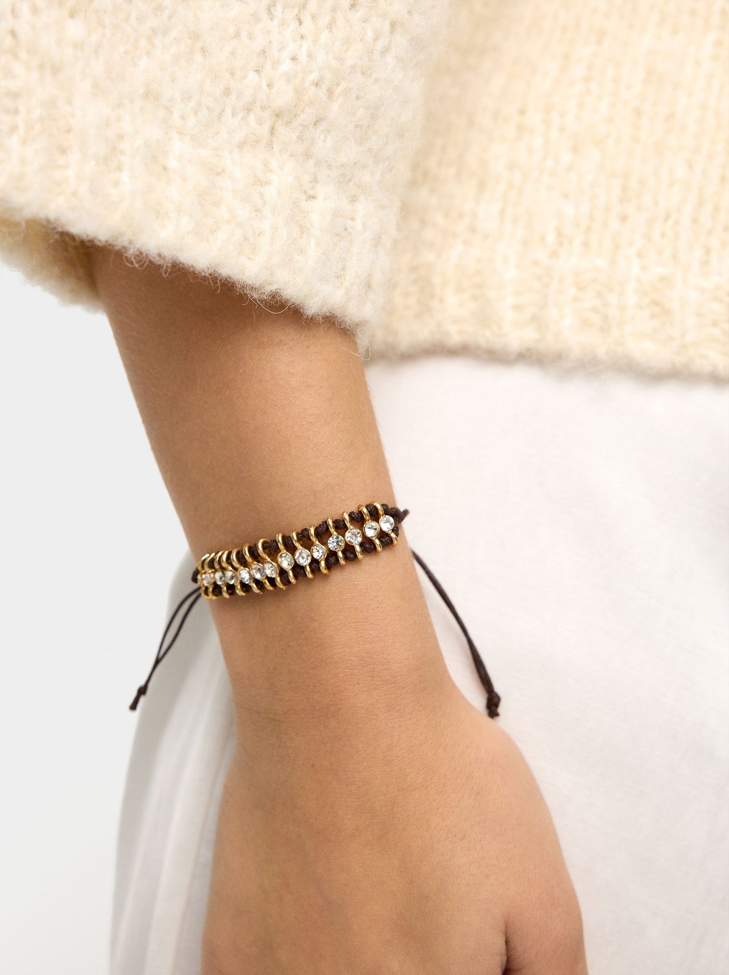 Adjustable Bracelet With Leather Cord And Crystals