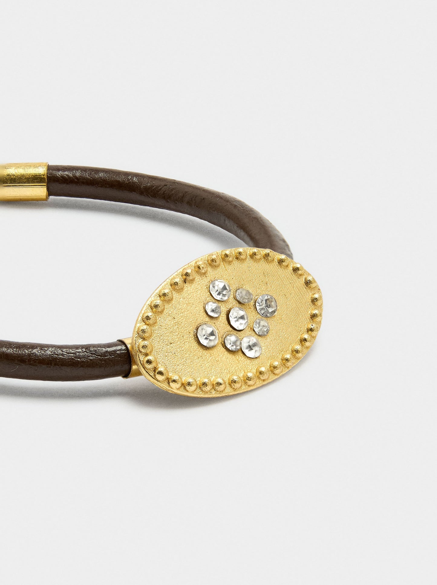 Leather Cord Bracelet With Oval Plate And Crystals