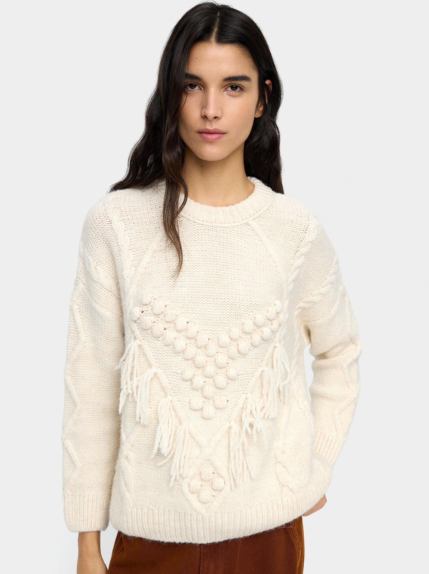 Knit Sweater With Fringes And Reliefs