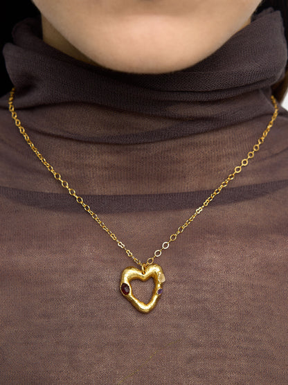 Heart Pendant Necklace With Stones - 18k Gold Plated