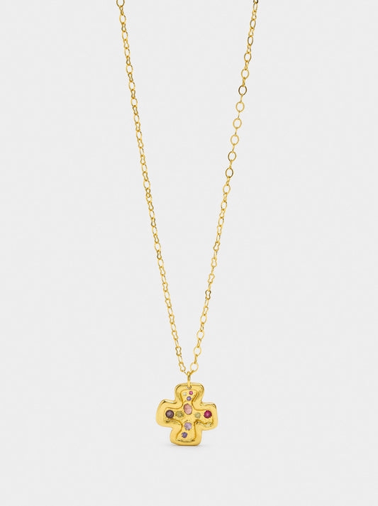Necklace Pendant Cross With Stones - 18k Gold Swim