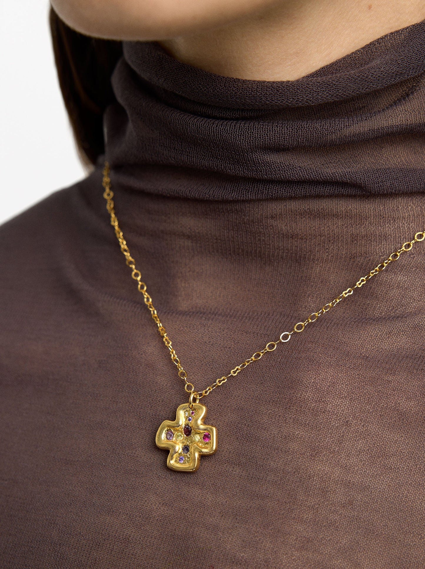 Necklace Pendant Cross With Stones - 18k Gold Swim