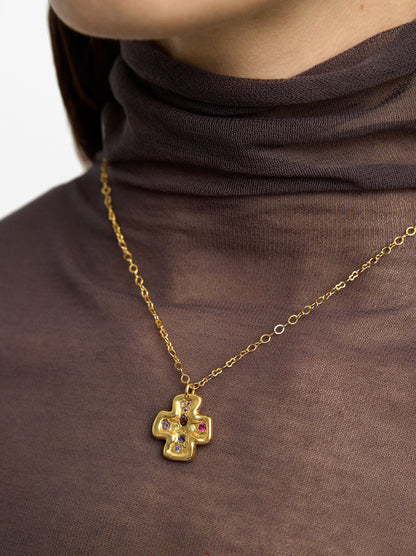 Necklace Pendant Cross With Stones - 18k Gold Swim