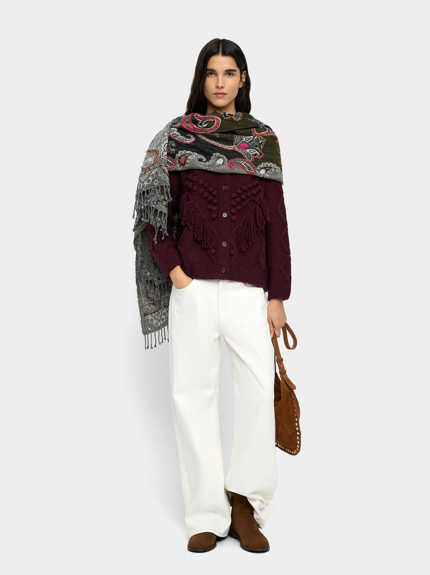 Knit Cardigan With Fringes And Raised Details