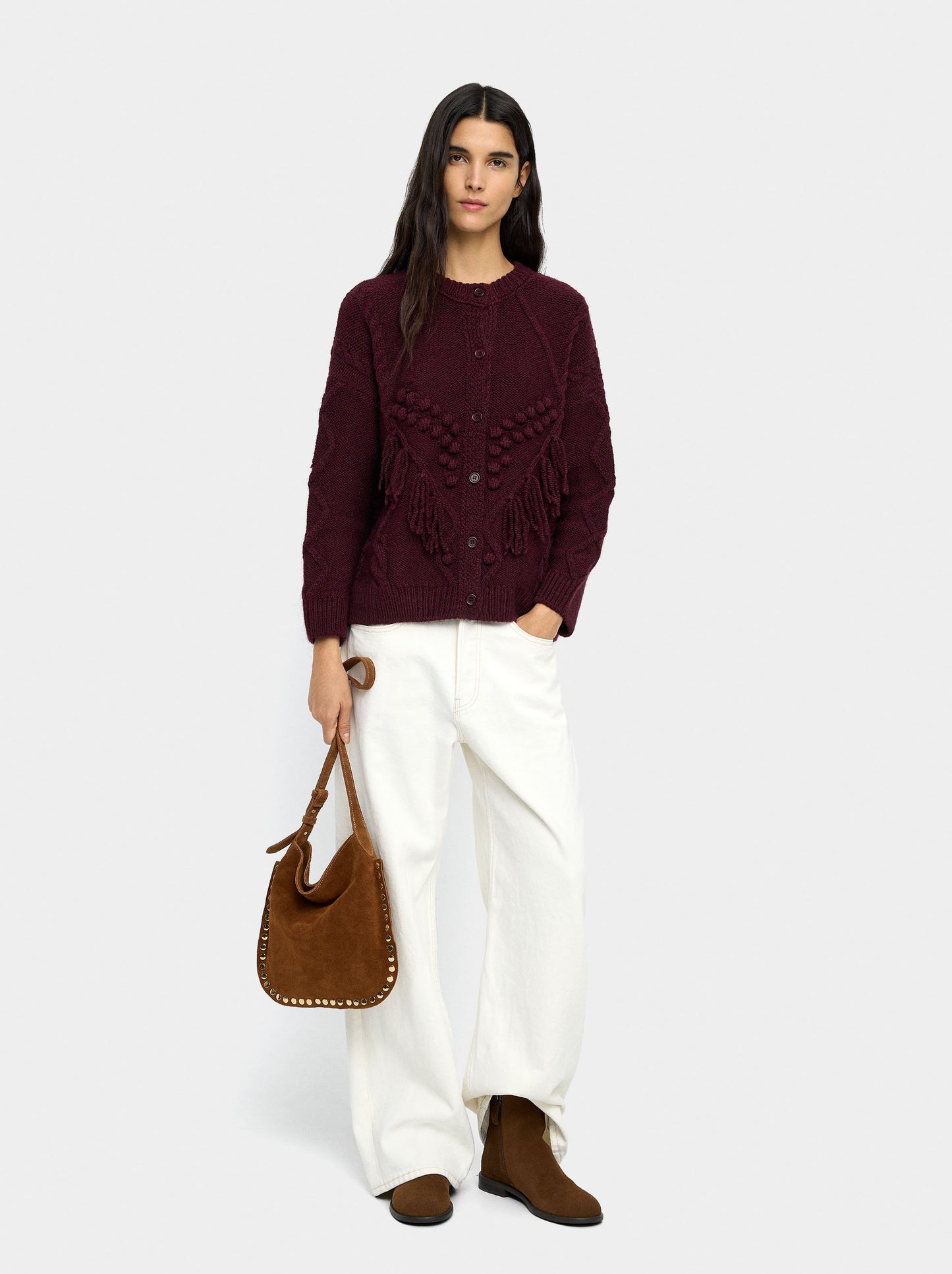 Knit Cardigan With Fringes And Raised Details