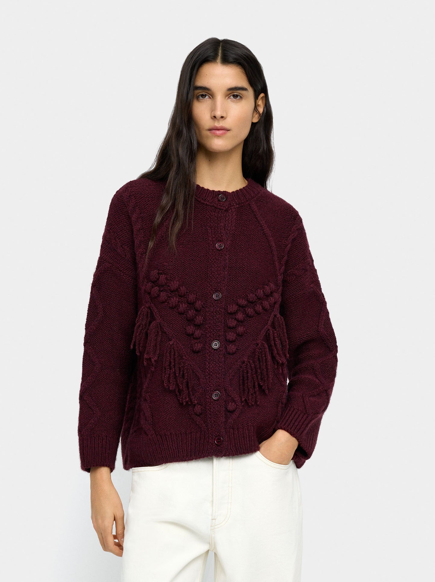 Knit Cardigan With Fringes And Raised Details