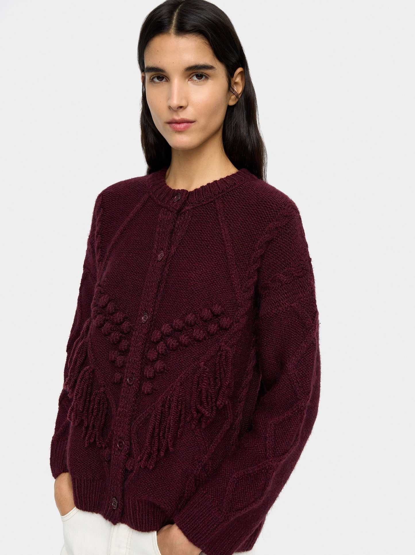Knit Cardigan With Fringes And Raised Details
