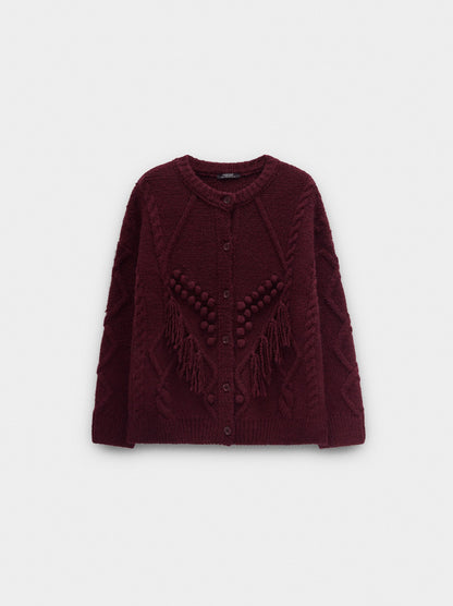 Knit Cardigan With Fringes And Raised Details