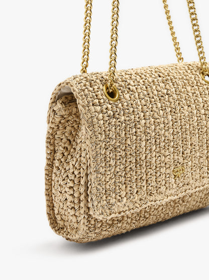 Shoulder Bag With Paper Straw Effect With Flap