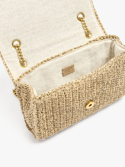 Shoulder Bag With Paper Straw Effect With Flap