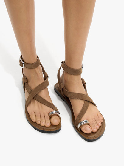 Leather Crossed Sandals With Metallic Detail