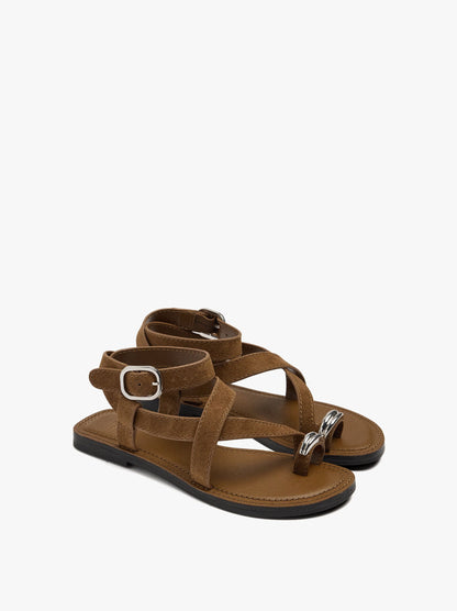 Leather Crossed Sandals With Metallic Detail