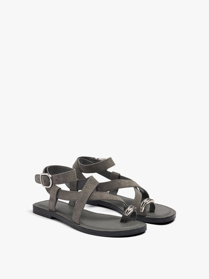 Leather Crossed Sandals With Metallic Detail