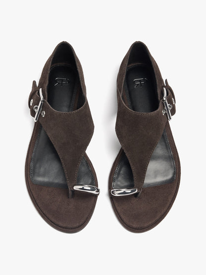 Flat Leather Sandals With Metallic Detail And Buckle