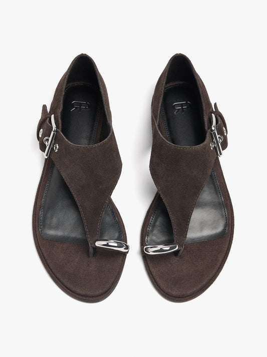 Flat Leather Sandals With Metallic Detail And Buckle
