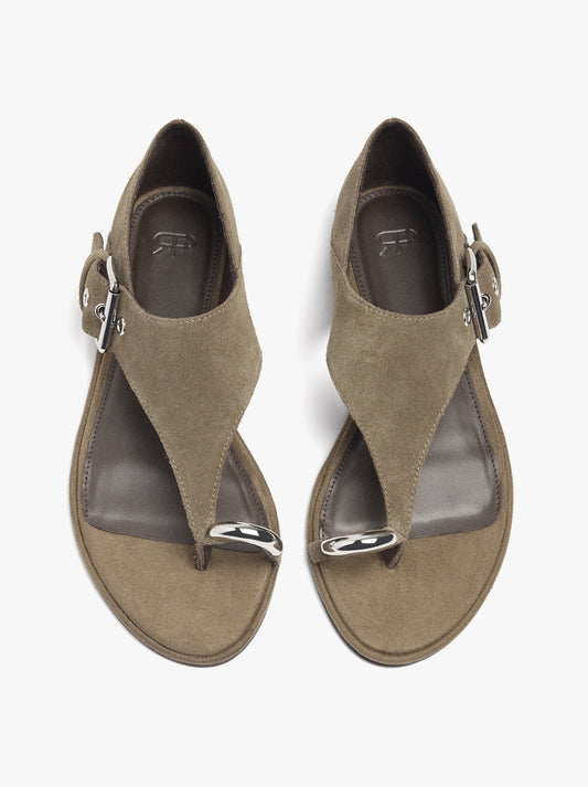 Flat Leather Sandals With Metallic Detail And Buckle