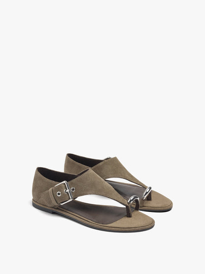 Flat Leather Sandals With Metallic Detail And Buckle