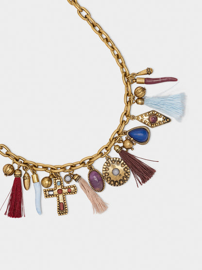 Short Pendant Necklace With Tassels And Stones