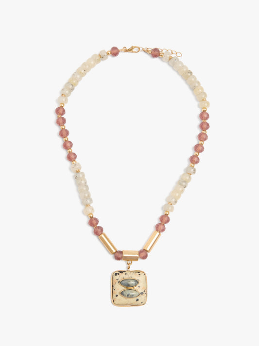 Short Necklace With Stone And Glass Beads