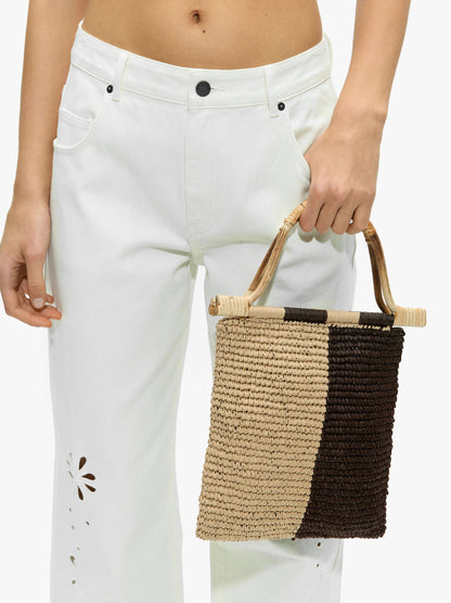 Bicolor Paper Straw Handbag With Bamboo