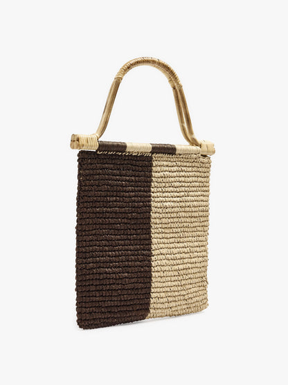 Bicolor Paper Straw Handbag With Bamboo