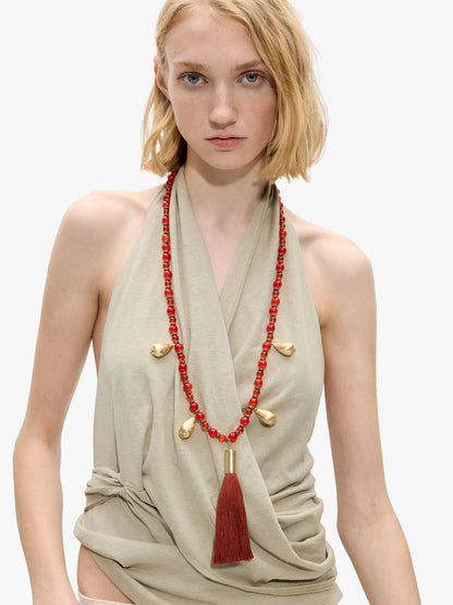 Long Necklace With Glass Beads And Tassel