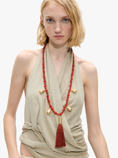 Long Necklace With Glass Beads And Tassel