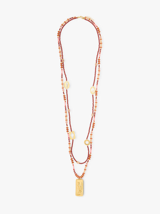 Double Necklace With Stone Beads And Pendant