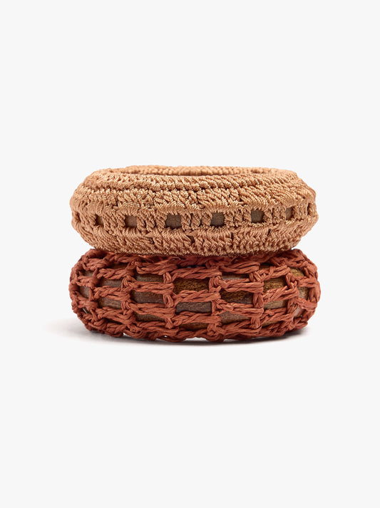 Set Of Wood Bracelets With Raffia