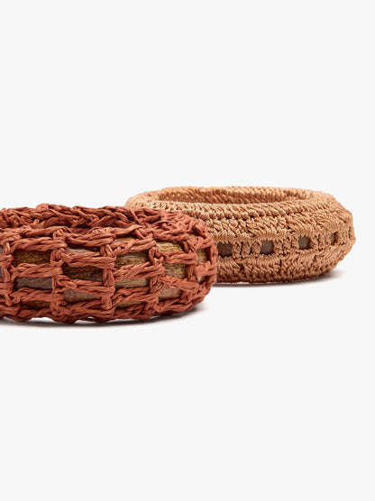 Set Of Wood Bracelets With Raffia