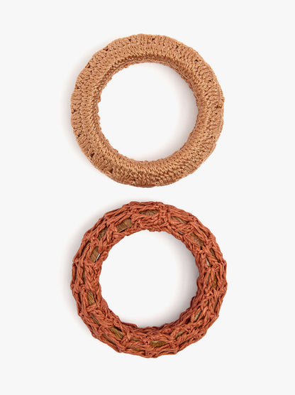 Set Of Wood Bracelets With Raffia