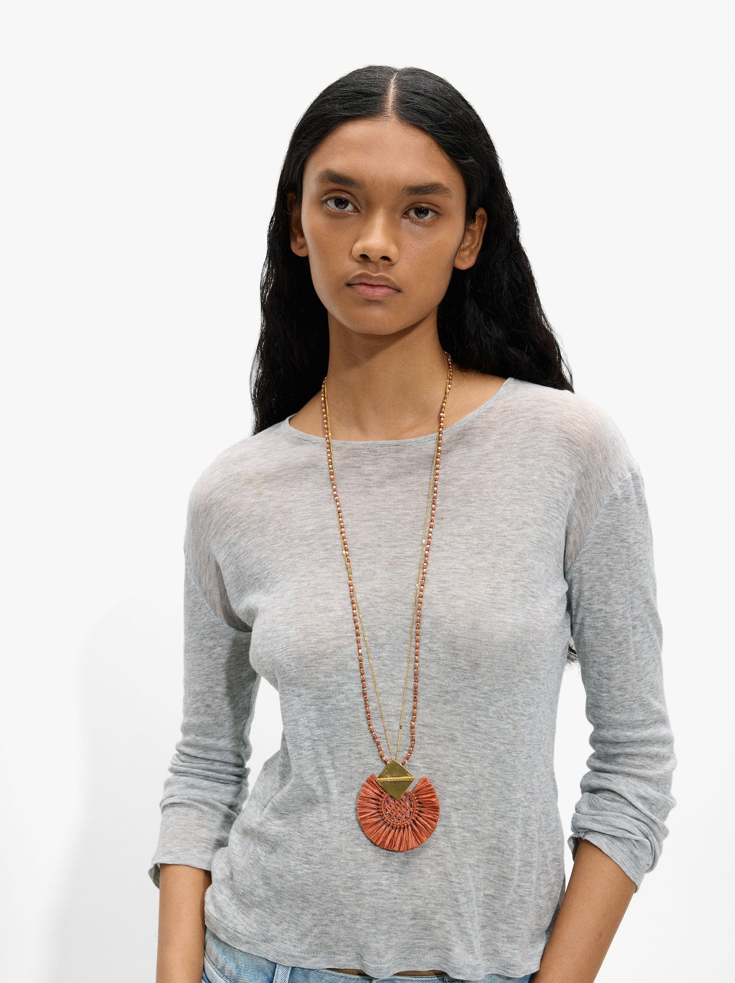 Long Necklace With Raffia Pendant