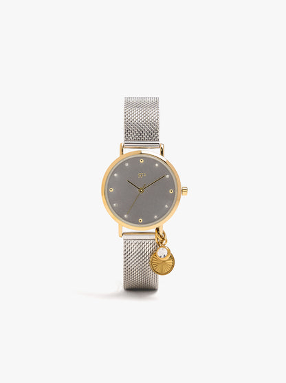 Bicolor Watch With Metallic Mesh And Charm