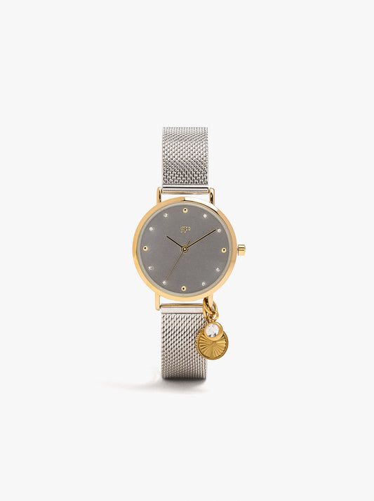 Bicolor Watch With Metallic Mesh And Charm