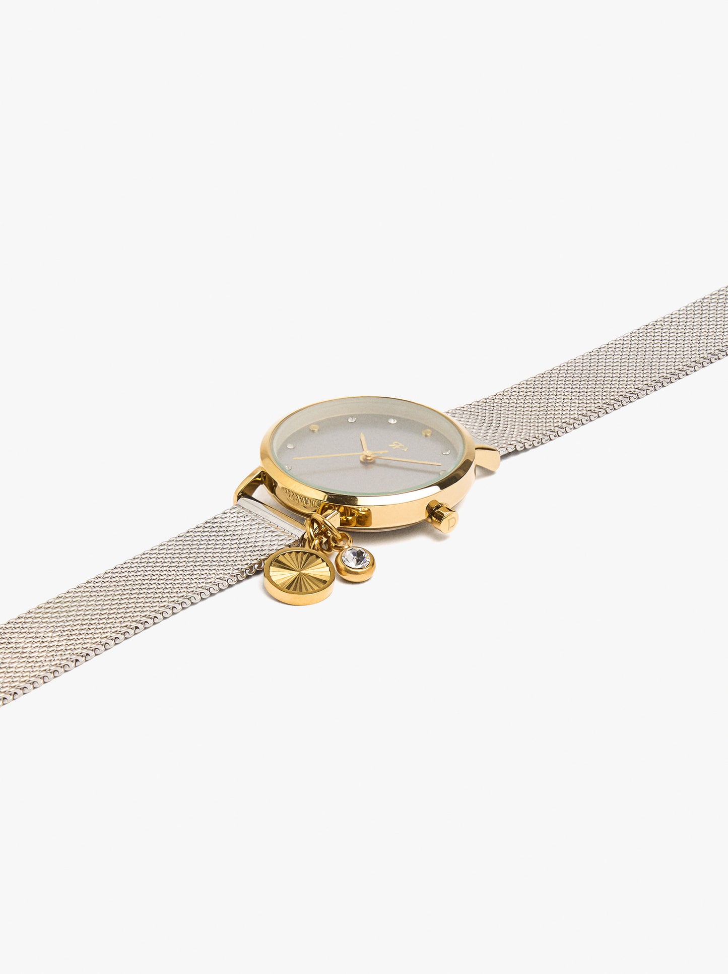 Bicolor Watch With Metallic Mesh And Charm