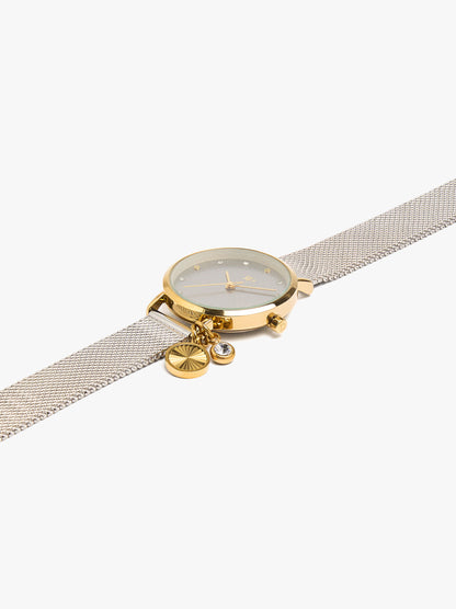 Bicolor Watch With Metallic Mesh And Charm