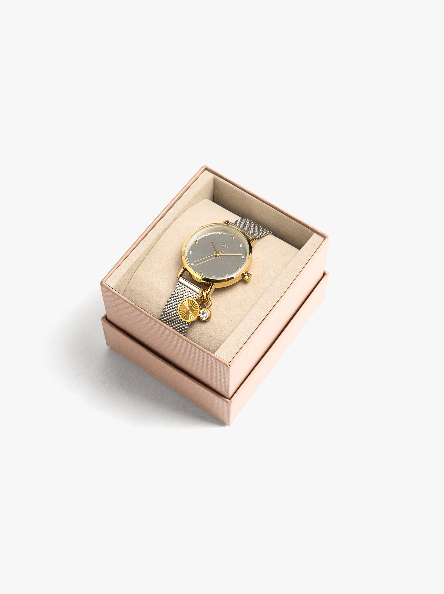 Bicolor Watch With Metallic Mesh And Charm