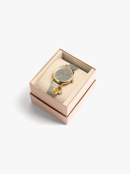 Bicolor Watch With Metallic Mesh And Charm