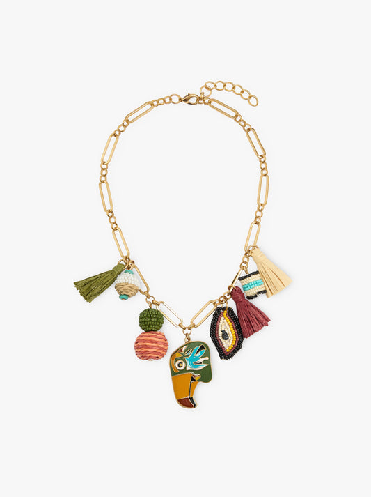 Necklace Of Links With Pendants Of Raffia And Beads