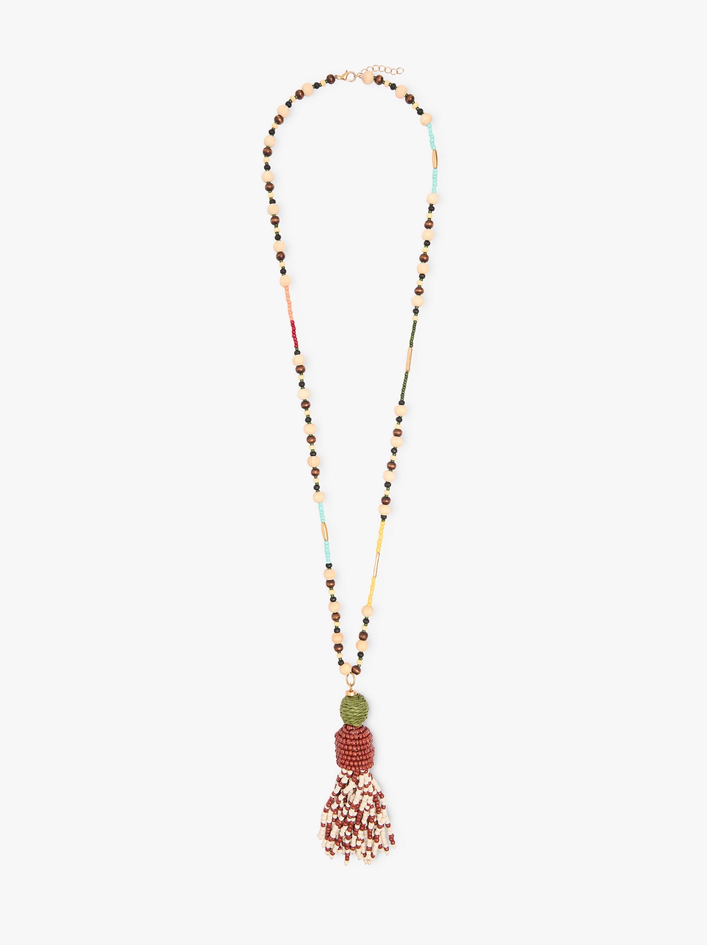Necklace With Wood Beads And Pendant With Beads