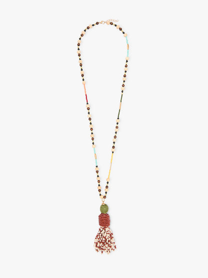 Necklace With Wood Beads And Pendant With Beads